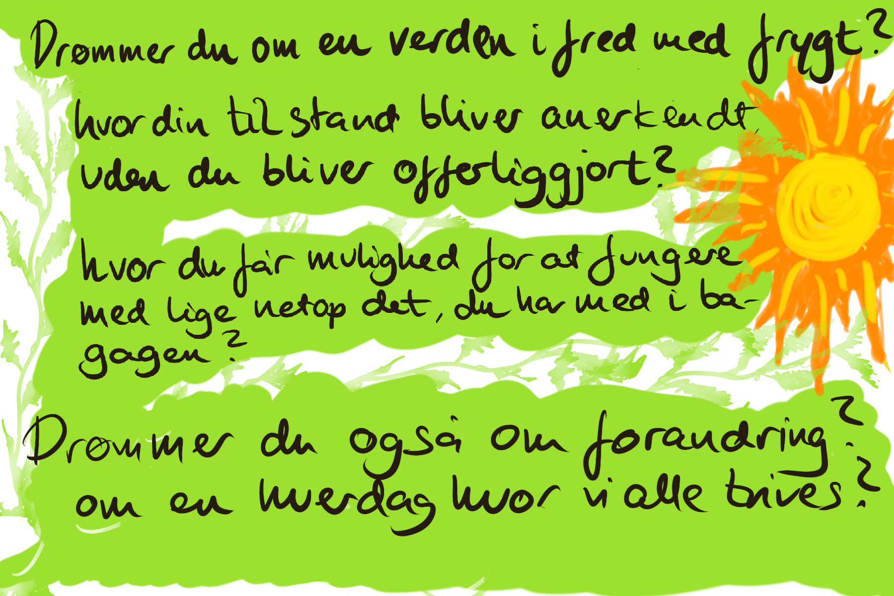 Drømmer du om en verden i fred med frygt? Hvor din tilstand bliver anerkendt, uden du bliver offerliggjort? Hvor du får mulighed for at fungere med lige netop det, du har med dig i bagagen? Drømmer du også om forandring? Om en hverdag hvor vi alle trives?